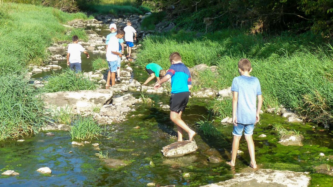 어린 학생들은 하이킹을 하는 동안 큰 돌이 있는 얕은 강바닥을 탐험합니다.